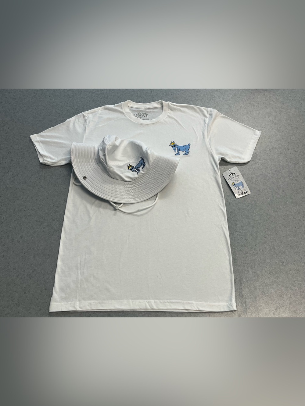 GOAT USA Chuck The Goat White T-Shirt & Embroidered Bucket Hat—Medium
